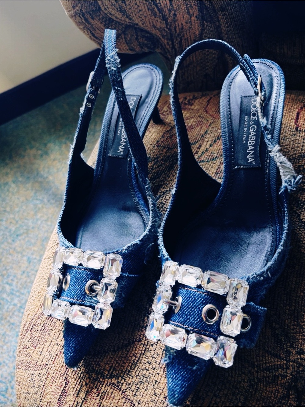 Dolce & Gabbana Denim Pointed Slingback Heels with Crystal Buckle - Blue
